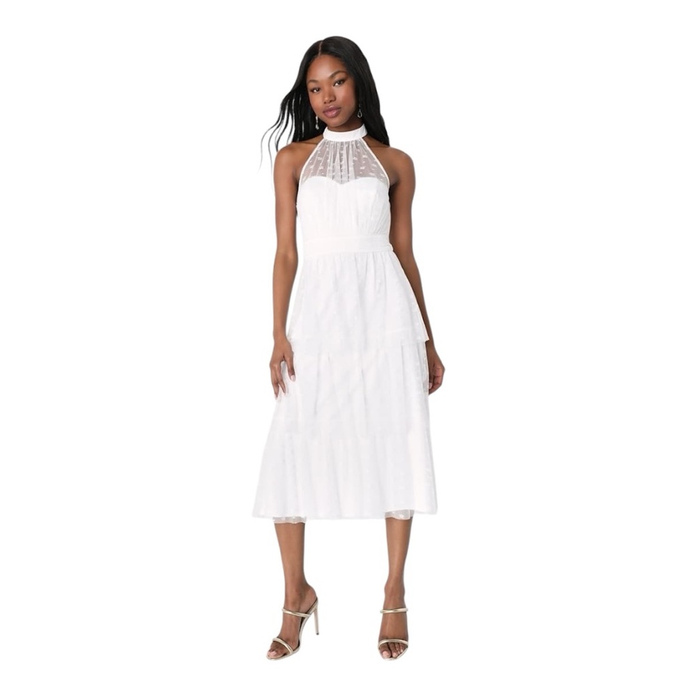 Lulus Positively Precious White Floral Mesh Tiered Halter Midi Dress